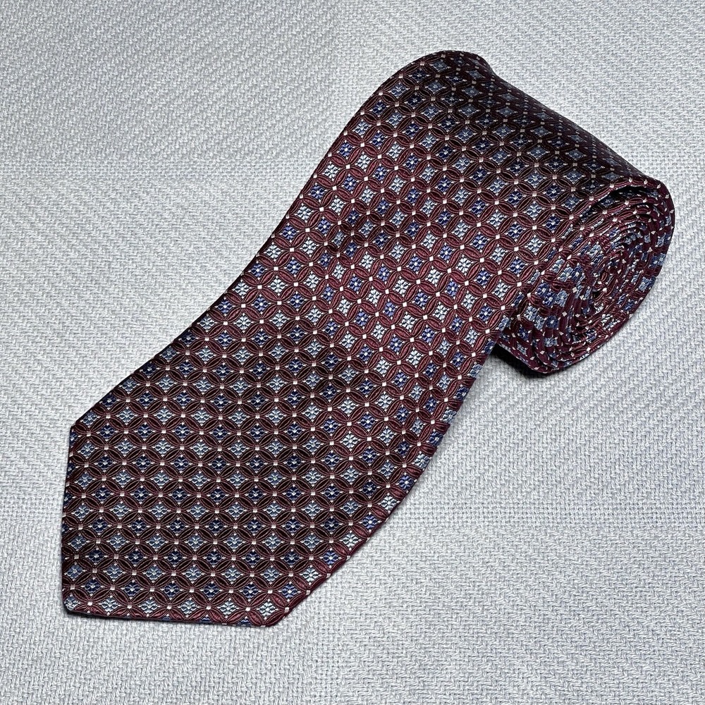 Brooks Brothers Red Blue Floral Geometric Pure Silk Tie Italian Fabric USA Made